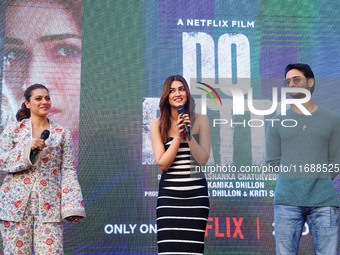 Bollywood actors Kajol, Kirti Sanon, and Shaheer Sheikh promote their upcoming film 'Do Patti' in Jaipur, Rajasthan, India, on October 21, 2...