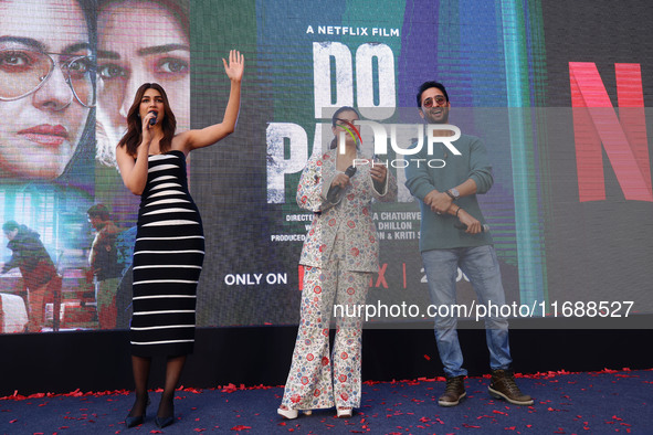 Bollywood actors Kirti Sanon, Kajol, and Shaheer Sheikh promote their upcoming film 'Do Patti' in Jaipur, Rajasthan, India, on October 21, 2...