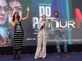 Bollywood actors Kirti Sanon, Kajol, and Shaheer Sheikh promote their upcoming film 'Do Patti' in Jaipur, Rajasthan, India, on October 21, 2...