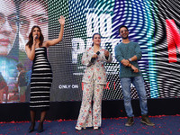 Bollywood actors Kirti Sanon, Kajol, and Shaheer Sheikh promote their upcoming film 'Do Patti' in Jaipur, Rajasthan, India, on October 21, 2...