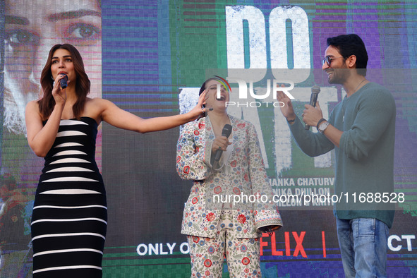 Bollywood actors Kirti Sanon, Kajol, and Shaheer Sheikh promote their upcoming film 'Do Patti' in Jaipur, Rajasthan, India, on October 21, 2...