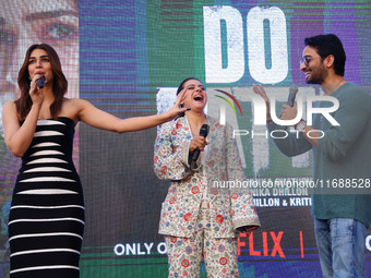 Bollywood actors Kirti Sanon, Kajol, and Shaheer Sheikh promote their upcoming film 'Do Patti' in Jaipur, Rajasthan, India, on October 21, 2...