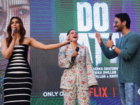 Bollywood actors Kirti Sanon, Kajol, and Shaheer Sheikh promote their upcoming film 'Do Patti' in Jaipur, Rajasthan, India, on October 21, 2...