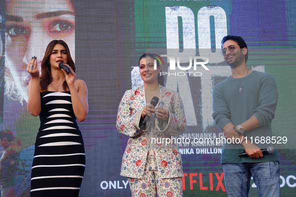 Bollywood actors Kirti Sanon, Kajol, and Shaheer Sheikh promote their upcoming film 'Do Patti' in Jaipur, Rajasthan, India, on October 21, 2...