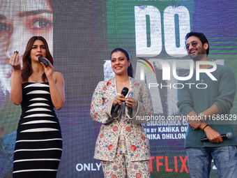 Bollywood actors Kirti Sanon, Kajol, and Shaheer Sheikh promote their upcoming film 'Do Patti' in Jaipur, Rajasthan, India, on October 21, 2...