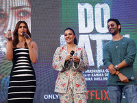 Bollywood actors Kirti Sanon, Kajol, and Shaheer Sheikh promote their upcoming film 'Do Patti' in Jaipur, Rajasthan, India, on October 21, 2...