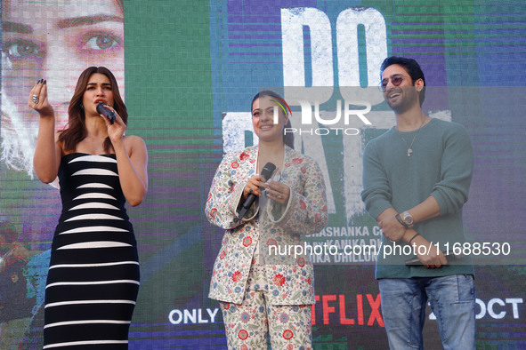 Bollywood actors Kirti Sanon, Kajol, and Shaheer Sheikh promote their upcoming film 'Do Patti' in Jaipur, Rajasthan, India, on October 21, 2...