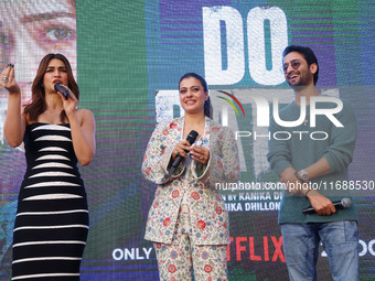 Bollywood actors Kirti Sanon, Kajol, and Shaheer Sheikh promote their upcoming film 'Do Patti' in Jaipur, Rajasthan, India, on October 21, 2...