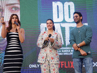 Bollywood actors Kirti Sanon, Kajol, and Shaheer Sheikh promote their upcoming film 'Do Patti' in Jaipur, Rajasthan, India, on October 21, 2...