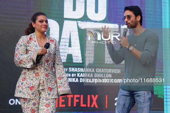 Bollywood actors Kajol and Shaheer Sheikh promote their upcoming film 'Do Patti' in Jaipur, Rajasthan, India, on October 21, 2024. 