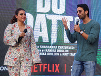 Bollywood actors Kajol and Shaheer Sheikh promote their upcoming film 'Do Patti' in Jaipur, Rajasthan, India, on October 21, 2024. (