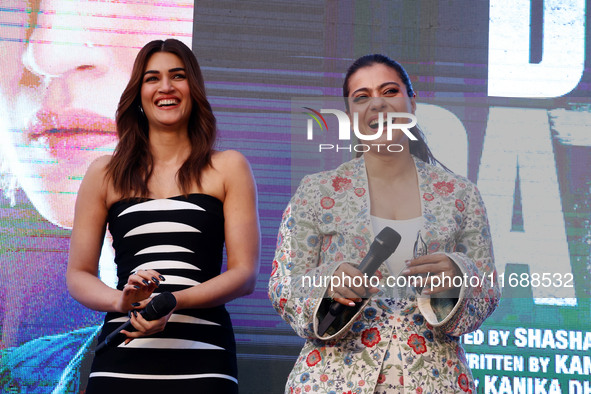 Bollywood actors Kirti Sanon and Kajol promote their upcoming film 'Do Patti' in Jaipur, Rajasthan, India, on October 21, 2024. 