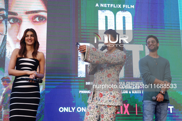 Bollywood actors Kirti Sanon, Kajol, and Shaheer Sheikh promote their upcoming film 'Do Patti' in Jaipur, Rajasthan, India, on October 21, 2...