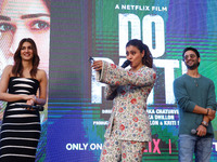 Bollywood actors Kirti Sanon, Kajol, and Shaheer Sheikh promote their upcoming film 'Do Patti' in Jaipur, Rajasthan, India, on October 21, 2...