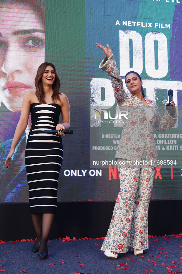 Bollywood actors Kirti Sanon and Kajol promote their upcoming film 'Do Patti' in Jaipur, Rajasthan, India, on October 21, 2024. 