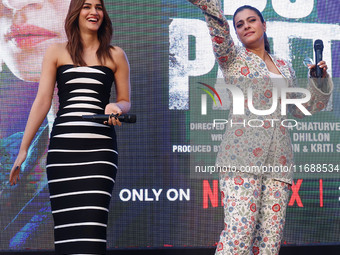 Bollywood actors Kirti Sanon and Kajol promote their upcoming film 'Do Patti' in Jaipur, Rajasthan, India, on October 21, 2024. (