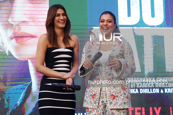 Bollywood actors Kirti Sanon and Kajol promote their upcoming film 'Do Patti' in Jaipur, Rajasthan, India, on October 21, 2024. 