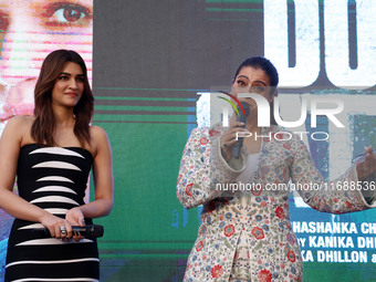 Bollywood actors Kirti Sanon and Kajol promote their upcoming film 'Do Patti' in Jaipur, Rajasthan, India, on October 21, 2024. (