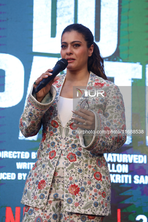 Bollywood actress Kajol promotes her upcoming film 'Do Patti' in Jaipur, Rajasthan, India, on October 21, 2024. 