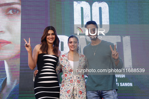 Bollywood actors Kirti Sanon, Kajol, and Shaheer Sheikh promote their upcoming film 'Do Patti' in Jaipur, Rajasthan, India, on October 21, 2...