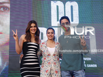 Bollywood actors Kirti Sanon, Kajol, and Shaheer Sheikh promote their upcoming film 'Do Patti' in Jaipur, Rajasthan, India, on October 21, 2...