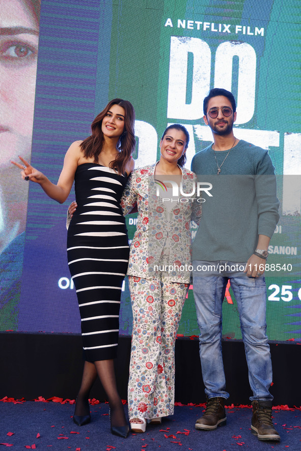 Bollywood actors Kirti Sanon, Kajol, and Shaheer Sheikh promote their upcoming film 'Do Patti' in Jaipur, Rajasthan, India, on October 21, 2...