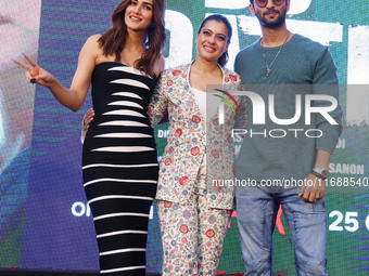 Bollywood actors Kirti Sanon, Kajol, and Shaheer Sheikh promote their upcoming film 'Do Patti' in Jaipur, Rajasthan, India, on October 21, 2...