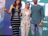 Bollywood actors Kirti Sanon, Kajol, and Shaheer Sheikh promote their upcoming film 'Do Patti' in Jaipur, Rajasthan, India, on October 21, 2...