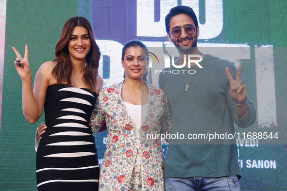 Bollywood actors Kirti Sanon, Kajol, and Shaheer Sheikh promote their upcoming film 'Do Patti' in Jaipur, Rajasthan, India, on October 21, 2...