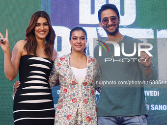 Bollywood actors Kirti Sanon, Kajol, and Shaheer Sheikh promote their upcoming film 'Do Patti' in Jaipur, Rajasthan, India, on October 21, 2...