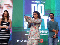 Bollywood actors Kirti Sanon, Kajol, and Shaheer Sheikh promote their upcoming film 'Do Patti' in Jaipur, Rajasthan, India, on October 21, 2...