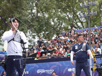 Kim Woojin of Korea and Lee Woo Seok of Korea compete during the Men's recurve final match on the final day of the Tlaxcala 2024 Archery Wor...