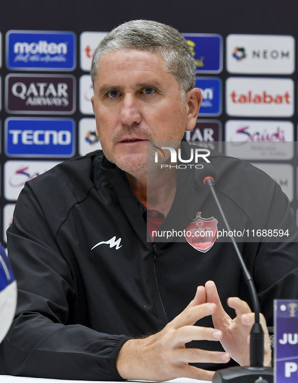 Juan Carlos Fernandez, Head Coach of Persepolis FC, attends a press conference at Jassim Bin Hamad Stadium in Doha, Qatar, on October 20, 20...