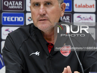 Juan Carlos Fernandez, Head Coach of Persepolis FC, attends a press conference at Jassim Bin Hamad Stadium in Doha, Qatar, on October 20, 20...