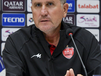 Juan Carlos Fernandez, Head Coach of Persepolis FC, attends a press conference at Jassim Bin Hamad Stadium in Doha, Qatar, on October 20, 20...