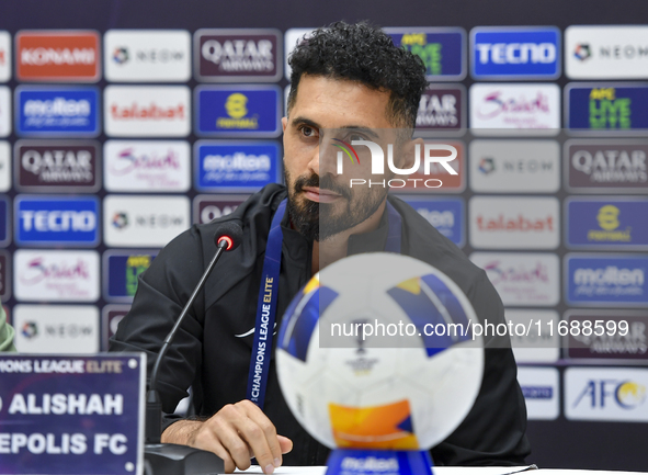 Persepolis FC player Omid Alishah attends a press conference at Jassim Bin Hamad Stadium in Doha, Qatar, on October 20, 2024, ahead of the A...