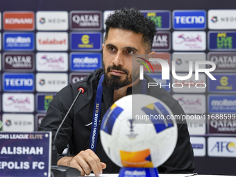 Persepolis FC player Omid Alishah attends a press conference at Jassim Bin Hamad Stadium in Doha, Qatar, on October 20, 2024, ahead of the A...