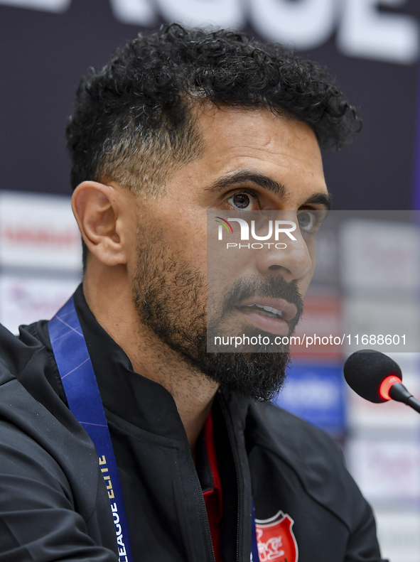 Persepolis FC player Omid Alishah attends a press conference at Jassim Bin Hamad Stadium in Doha, Qatar, on October 20, 2024, ahead of the A...