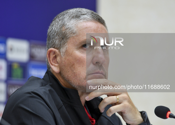 Juan Carlos Fernandez, Head Coach of Persepolis FC, attends a press conference at Jassim Bin Hamad Stadium in Doha, Qatar, on October 20, 20...