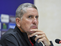 Juan Carlos Fernandez, Head Coach of Persepolis FC, attends a press conference at Jassim Bin Hamad Stadium in Doha, Qatar, on October 20, 20...