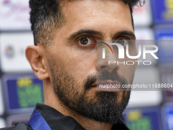 Persepolis FC player Omid Alishah attends a press conference at Jassim Bin Hamad Stadium in Doha, Qatar, on October 20, 2024, ahead of the A...