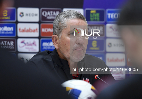 Juan Carlos Fernandez, Head Coach of Persepolis FC, attends a press conference at Jassim Bin Hamad Stadium in Doha, Qatar, on October 20, 20...