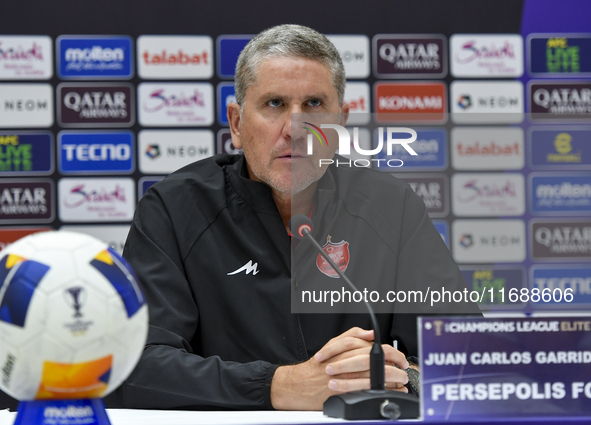 Juan Carlos Fernandez, Head Coach of Persepolis FC, attends a press conference at Jassim Bin Hamad Stadium in Doha, Qatar, on October 20, 20...