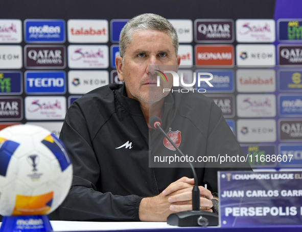 Juan Carlos Fernandez, Head Coach of Persepolis FC, attends a press conference at Jassim Bin Hamad Stadium in Doha, Qatar, on October 20, 20...