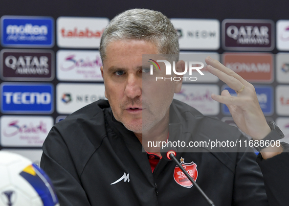 Juan Carlos Fernandez, Head Coach of Persepolis FC, attends a press conference at Jassim Bin Hamad Stadium in Doha, Qatar, on October 20, 20...