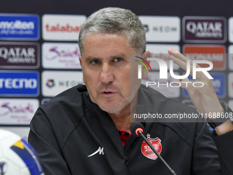 Juan Carlos Fernandez, Head Coach of Persepolis FC, attends a press conference at Jassim Bin Hamad Stadium in Doha, Qatar, on October 20, 20...