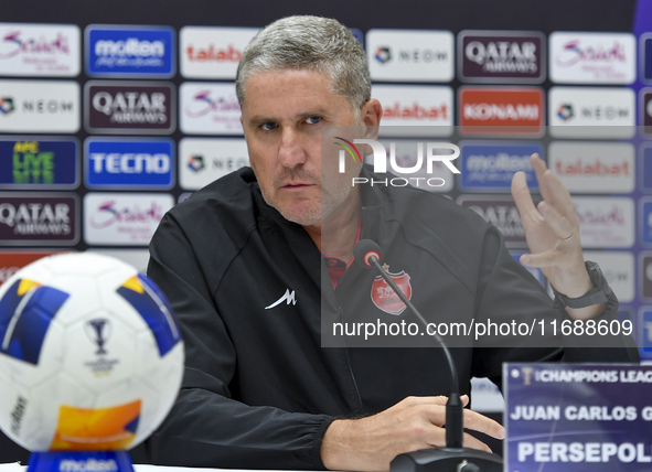 Juan Carlos Fernandez, Head Coach of Persepolis FC, attends a press conference at Jassim Bin Hamad Stadium in Doha, Qatar, on October 20, 20...