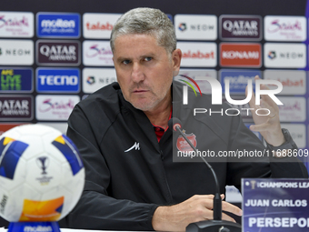 Juan Carlos Fernandez, Head Coach of Persepolis FC, attends a press conference at Jassim Bin Hamad Stadium in Doha, Qatar, on October 20, 20...