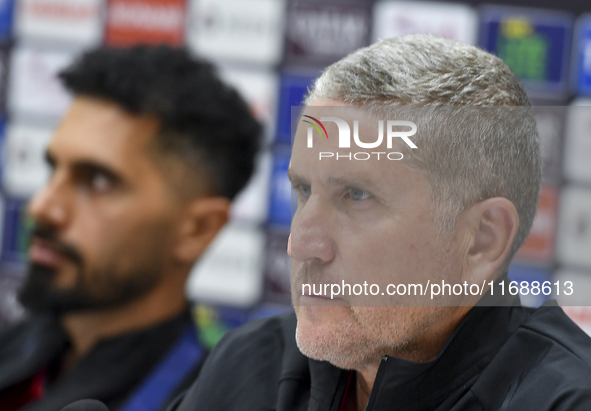 Juan Carlos Fernandez, Head Coach of Persepolis FC, attends a press conference at Jassim Bin Hamad Stadium in Doha, Qatar, on October 20, 20...