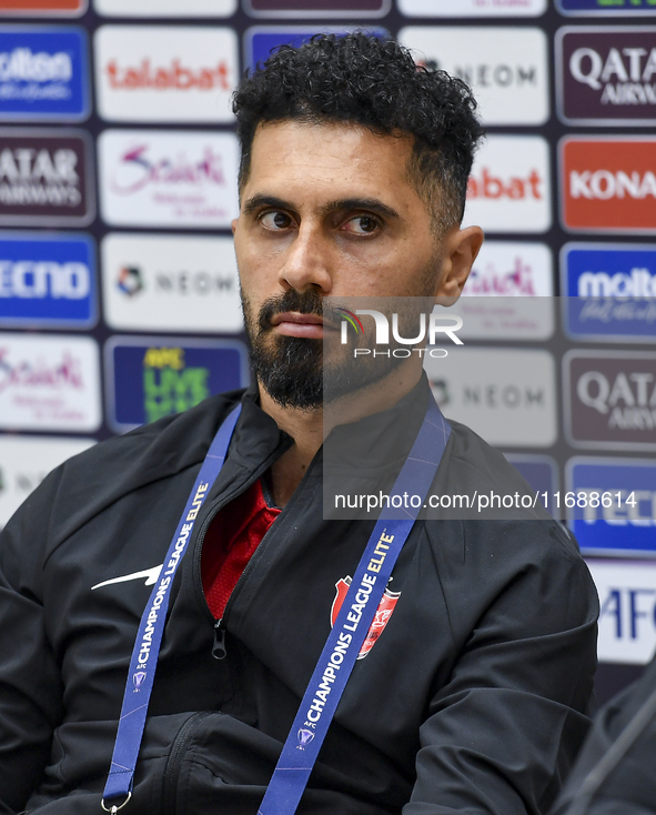 Persepolis FC player Omid Alishah attends a press conference at Jassim Bin Hamad Stadium in Doha, Qatar, on October 20, 2024, ahead of the A...